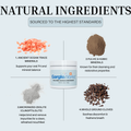 Image of GargleWorks jar surrounded by labeled natural ingredients. Title: 'NATURAL INGREDIENTS – Sourced to the highest standards'. Ingredients listed: 'Himalayan Pink Salt – Pure, mineral-rich salt with antimicrobial properties', 'Baking Soda – Balances pH, gently cleans', 'Clove – Soothes gums and freshens breath', 'Activated Charcoal – Helps absorb toxins and odors', 'Peppermint Essential Oil – Leaves a fresh, clean feeling