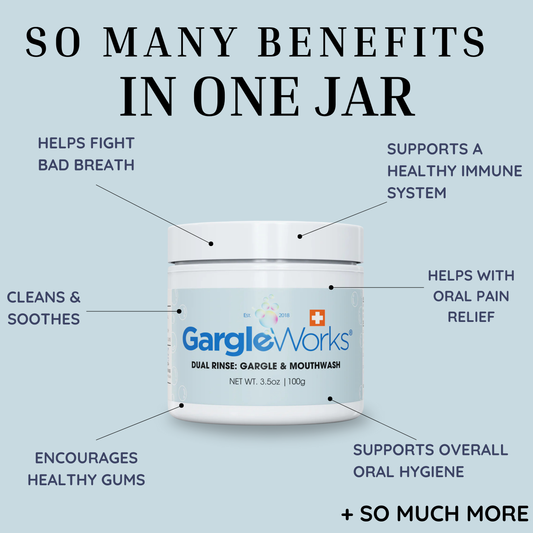 Image of GargleWorks jar with text: 'So many benefits in one jar'. Arrows point to benefits around the jar: 'Helps fight bad breath', 'Cleans & soothes', 'Encourages healthy gums', 'Supports a healthy immune system', 'Supports overall oral wellness', and '+ SO MUCH MORE!'
